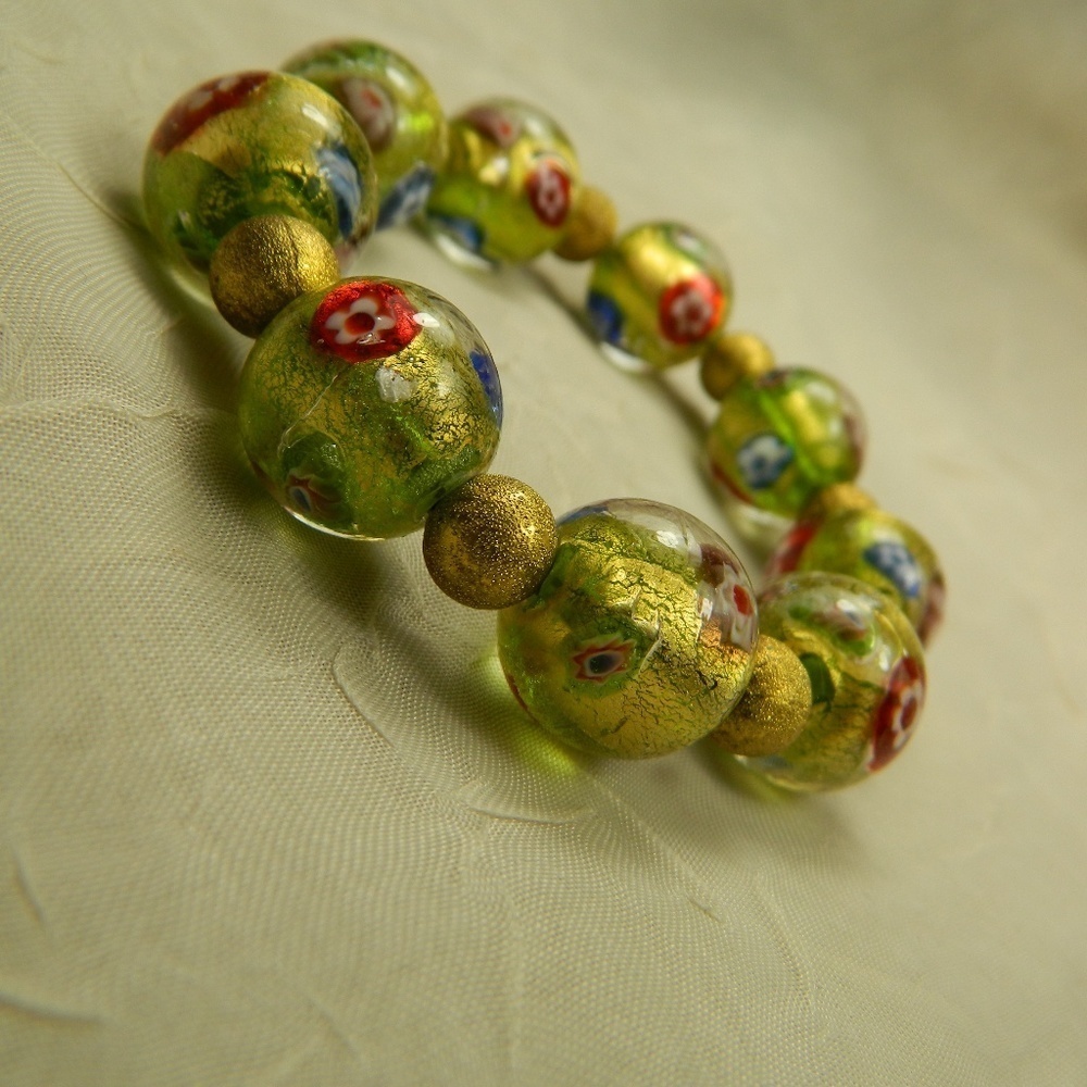 Lampwork Glass Bead Bracelet Golden Green Floral Millefiori Fairycore Whimsical